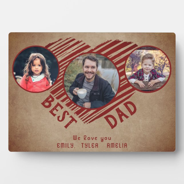 Rustic Best Dad Heart Father`s Day 3 Photo Collage Plaque (Front)