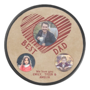 Rustic Best Dad Red Heart Father`s Day 3 Photos Hockey Puck