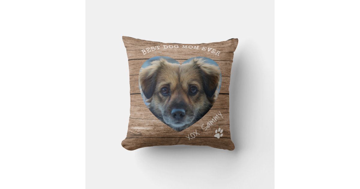 Rustic Best Dog Mom Ever Pet Photo & Paw Print Throw Pillow | Zazzle