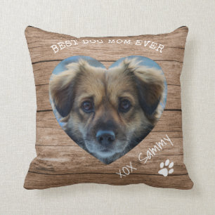 Rustic Best Dog Mom Ever Pet Photo & Paw Print Throw Pillow