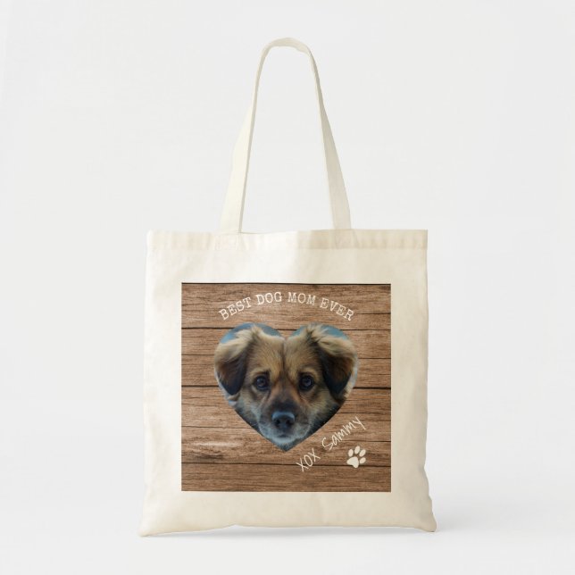 Rustic Best Dog Mom Ever Pet Photo & Paw Print Tote Bag (Front)