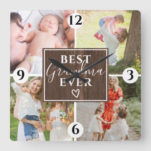 Rustic best grandma script 4 photo collage wood square wall clock