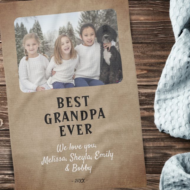 Rustic Best Grandpa Ever Grandchildren Photo Kitchen Towel (Creator Uploaded)