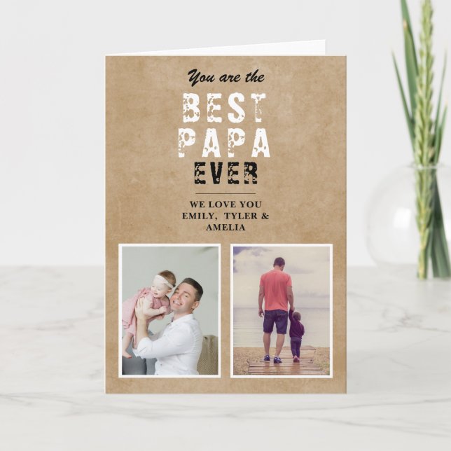 Rustic Best Papa Father`s Day 2 Photo Collage Holiday Card (Front)