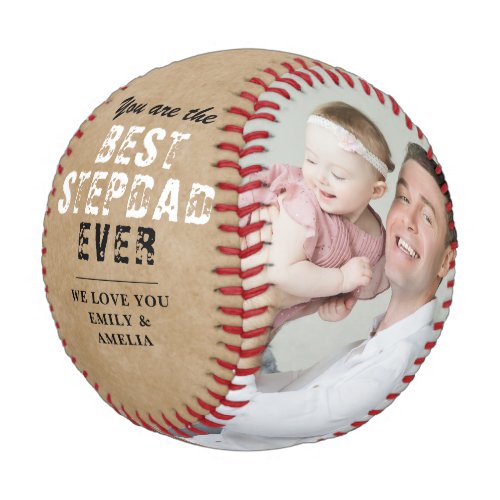 Rustic Best Stepdad Father`s Day 2 Photo Collage Baseball - Rustic Best Stepdad Father`s Day 2 Photo Collage Baseball. The background is rustic beige and the text is a trendy black and white. The best stepdad ever two photo personalized baseball. Add 2 photos and your names. You can change any text on the baseball. Perfect gift for a stepdad on a Father`s Day, birthday or Christmas and is a sweet keepsake.