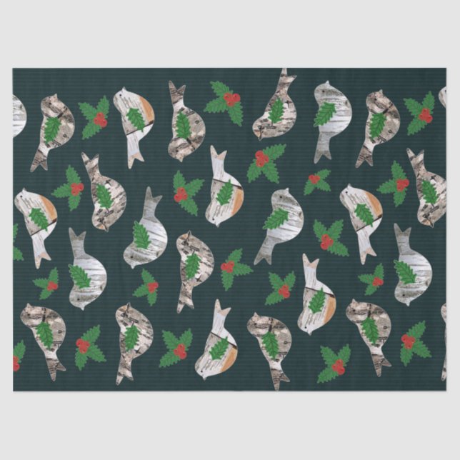 Rustic Birch Bark Birds Red Holly Berry Christmas Tissue Paper (Front)