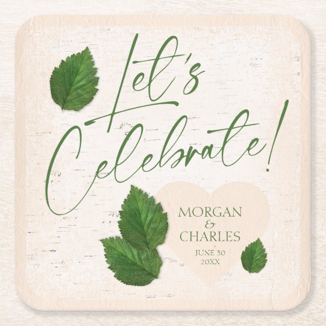 Rustic Birch Bark Carved Heart with Leaves Square Paper Coaster (Front)