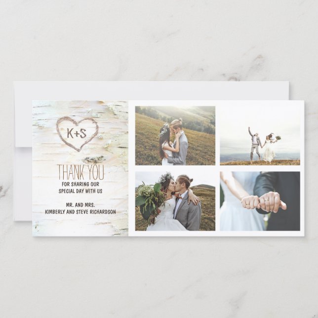 Rustic Birch Bark Heart Wedding Thank You Card (Front)