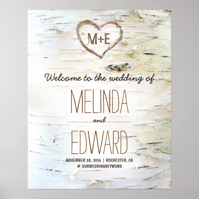 Rustic Birch Bark Heart Wedding Welcome Sign (Front)
