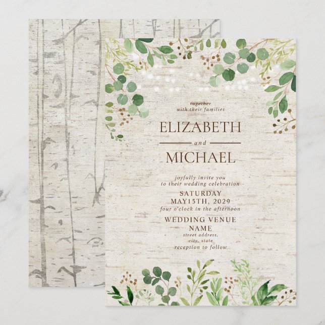 Rustic Birch Botanicals Forest Outdoor Wedding Invitation (Front/Back)