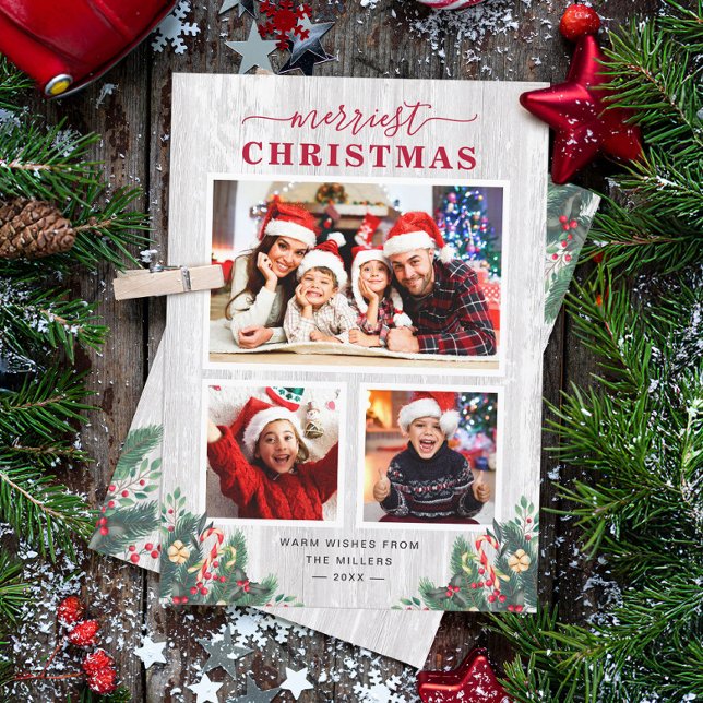 Rustic Birch Mistletoe Merriest Christmas 3 Photo Holiday Card (Creator Uploaded)