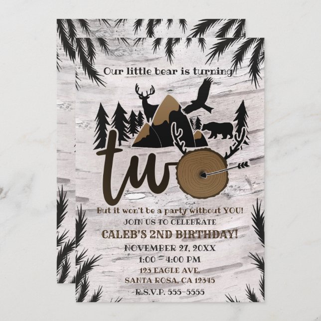 Rustic Birch Outdoor Wilderness TWO 2nd birthday Invitation (Front/Back)