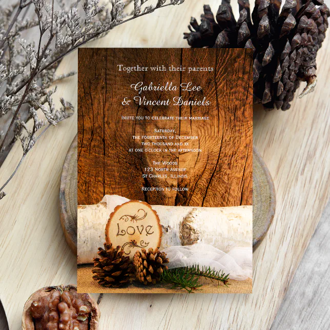 Rustic Birch Tree and Barn Wood Wedding Invitation | Zazzle
