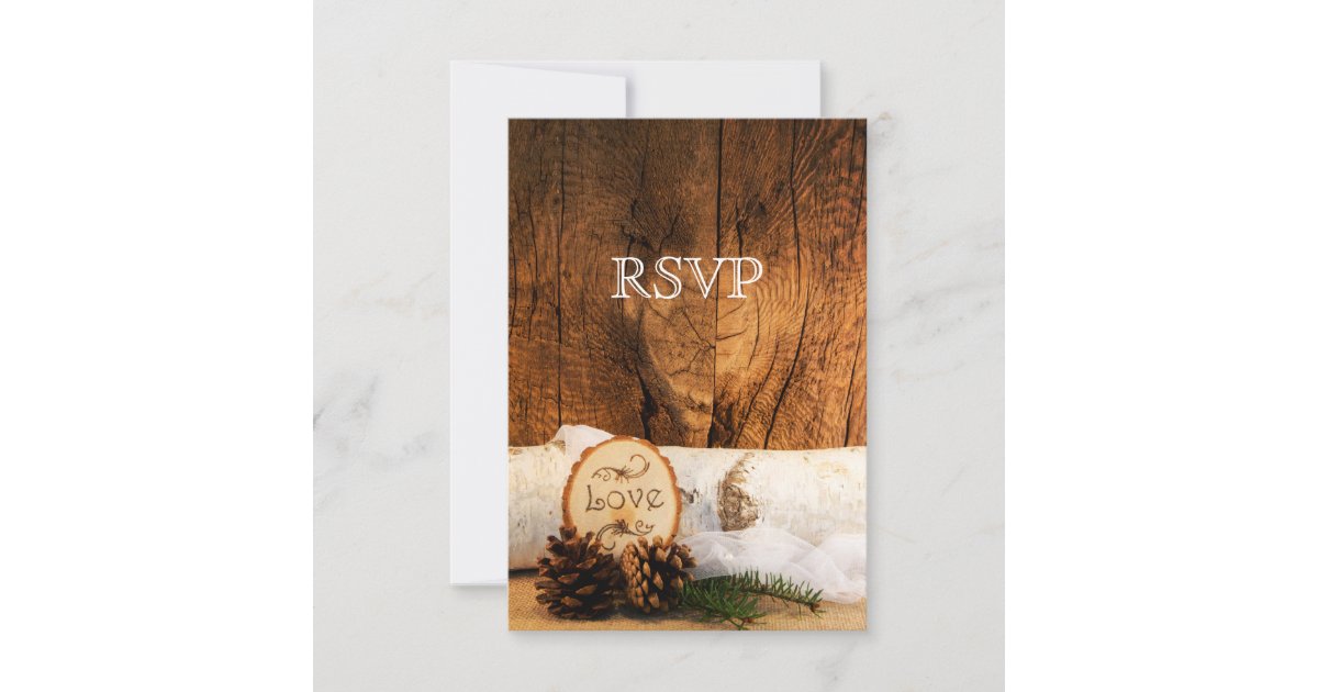 Rustic Birch Tree and Barn Wood Wedding RSVP Card | Zazzle
