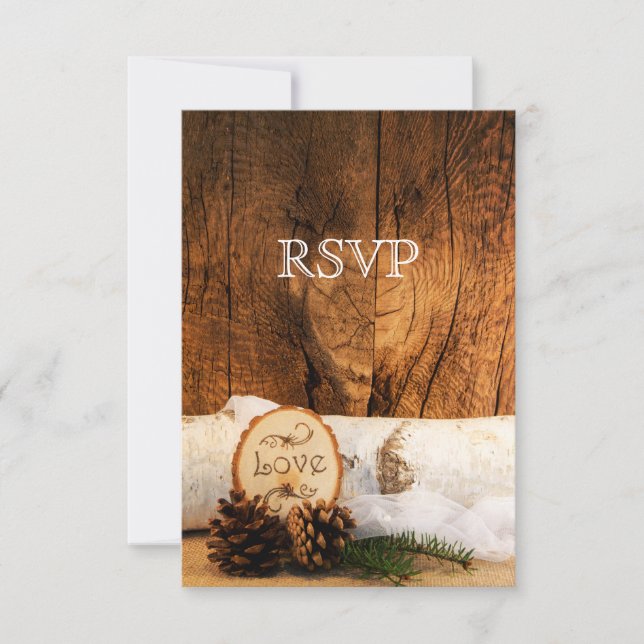 Rustic Birch Tree and Barn Wood Wedding RSVP Card (Front)