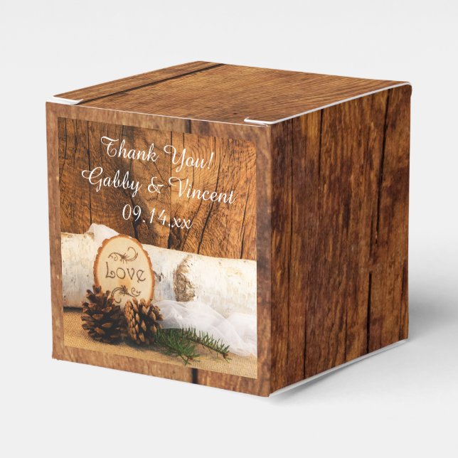 Rustic Birch Tree and Barn Wood Woodland Wedding Favor Boxes (Front Side)