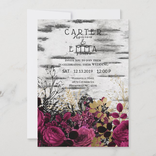 Rustic Birch Tree and Floral Country Wedding Invitation (Front)