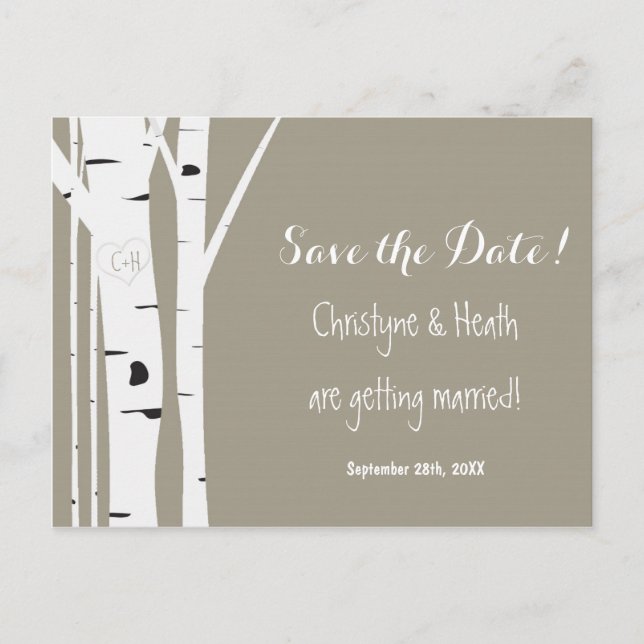 Rustic Birch Tree Carved Heart Save Date Postcard (Front)