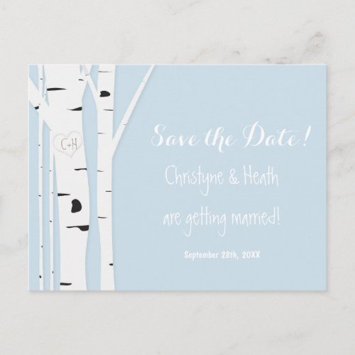 Rustic Birch Tree Heart Blue Save Date Postcard