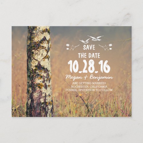 Rustic birch tree heart country save the date announcement postcard