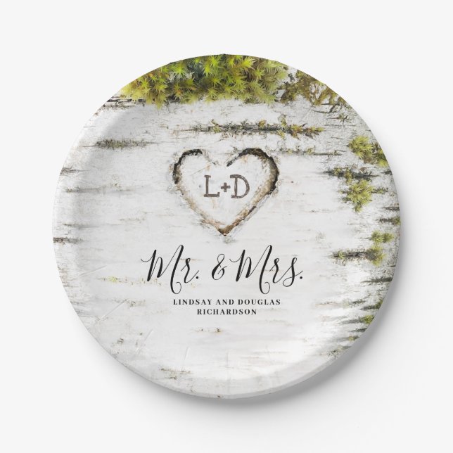 Rustic Birch Tree Heart Fall Wedding Paper Plates (Front)