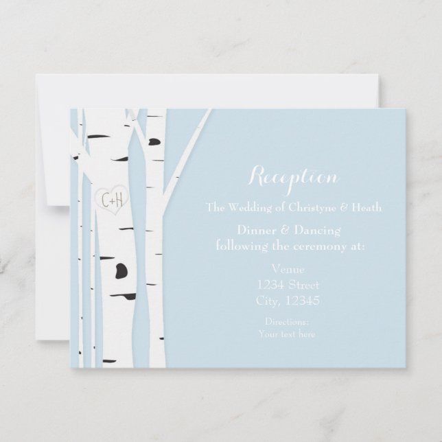 Rustic Birch Tree Heart Icy Blue Reception Card (Front)