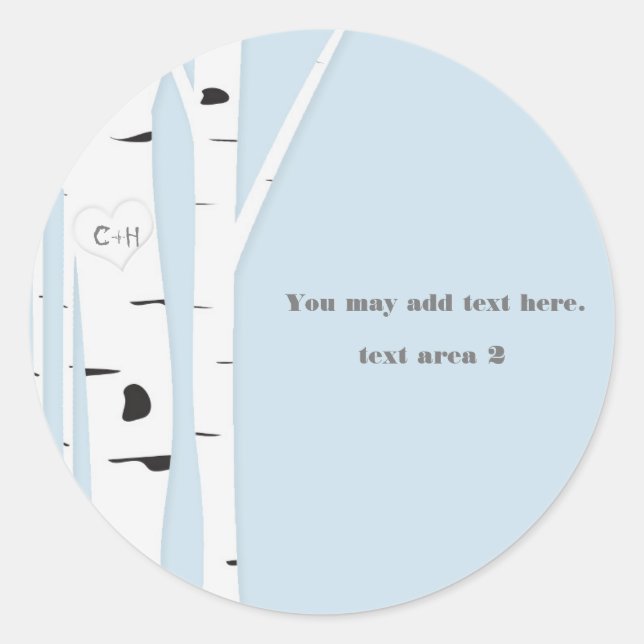 Rustic Birch Tree Heart Icy Blue Wedding Favor Classic Round Sticker (Front)