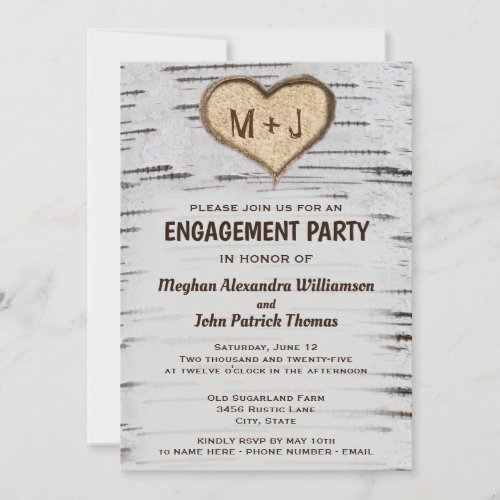 Rustic Birch Tree Heart Initials Engagement Party Invitation