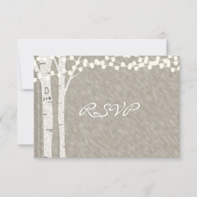 Rustic Birch Tree String Lights RSVP card (Front)