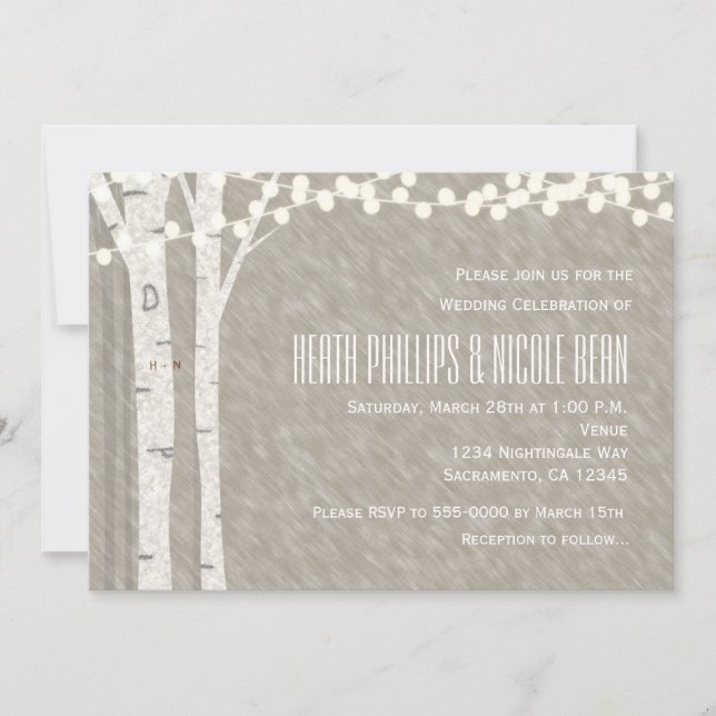 Rustic Birch Tree String Lights Wedding Invitation (Front)