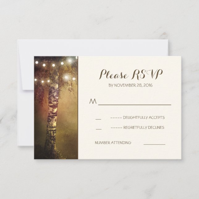 rustic birch tree string lights wedding RSVP cards (Front)