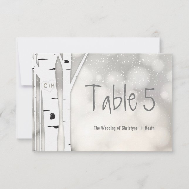 Rustic Birch Tree Winter Snowy Table Number Card (Front)