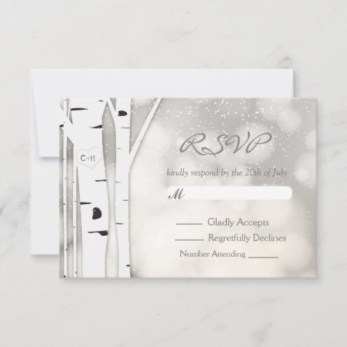 Rustic Birch Tree Winter White Snowy RSVP Card