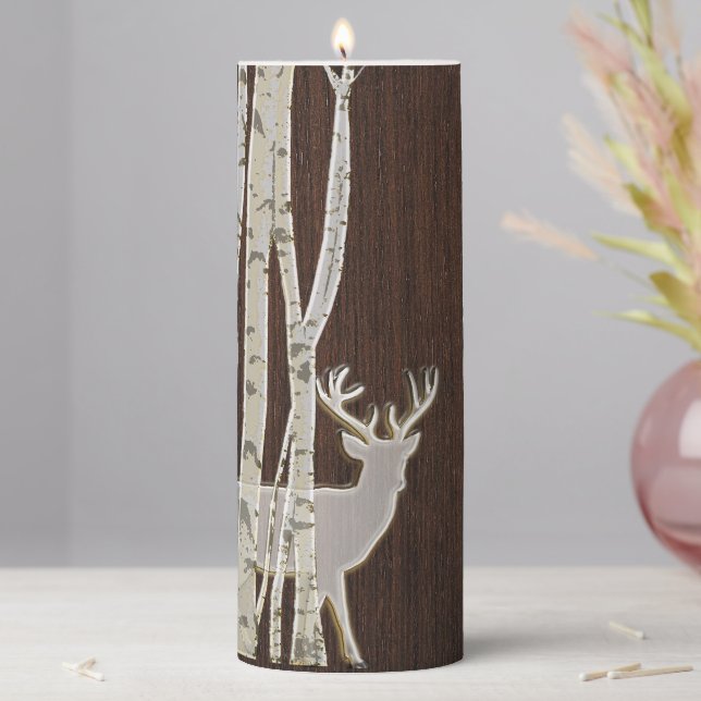 Rustic Birch Trees with Deer Pillar Candle (In Situ)
