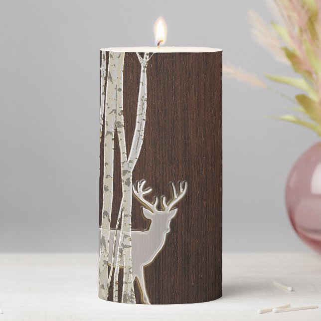 Rustic Birch Trees with Deer Pillar Candle (In Situ)