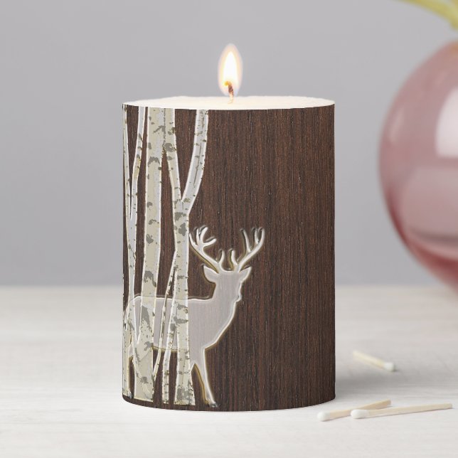 Rustic Birch Trees with Deer Short Pillar Candle (In Situ)
