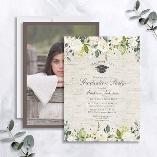 Rustic Birch White Floral Photo Graduation Party Invitation