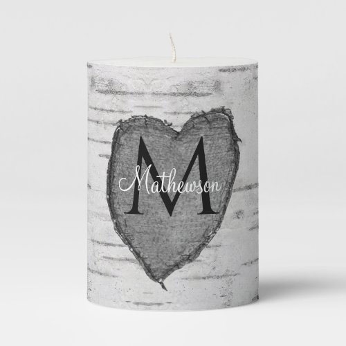 Rustic Birch Wood Bark Family Name Carved Heart Pillar Candle