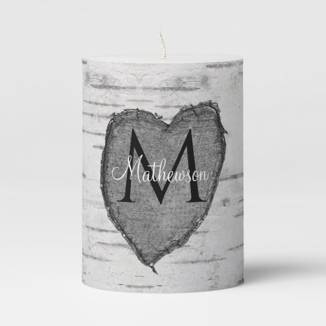 Rustic Birch Wood Bark Family Name Carved Heart Pillar Candle (Front)
