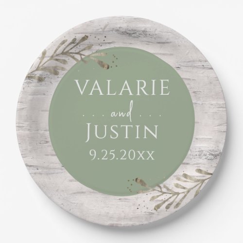 Rustic Birch Wood Sage Green Wedding  Paper Plates