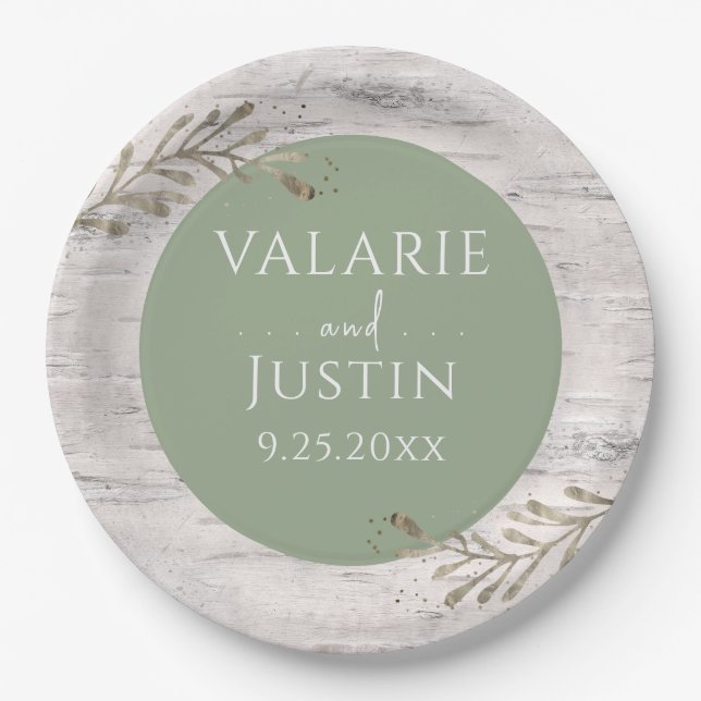 Rustic Birch Wood Sage Green Wedding  Paper Plates (Front)