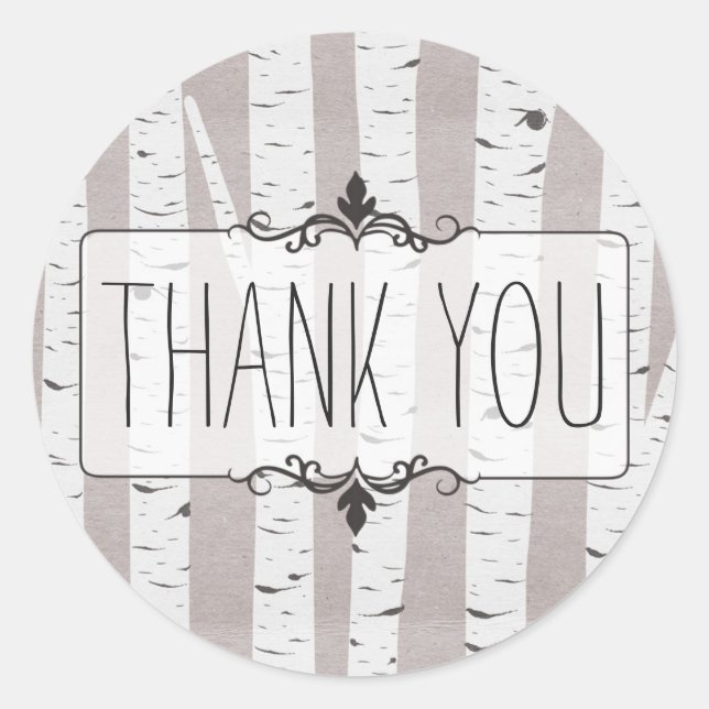 Rustic Birch Wood Trees & Branches Thank You Classic Round Sticker (Front)