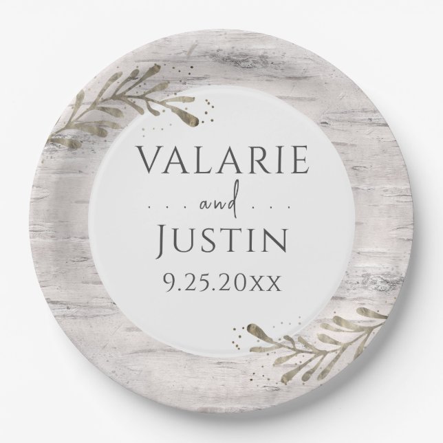 Rustic Birch Wood Wedding Paper Plates (Front)