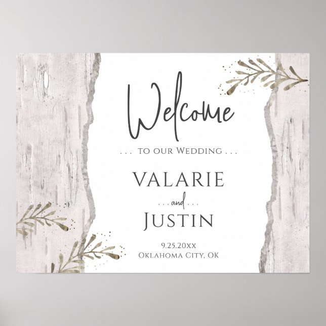 Rustic Birch Wood Wedding Welcome Sign (Front)
