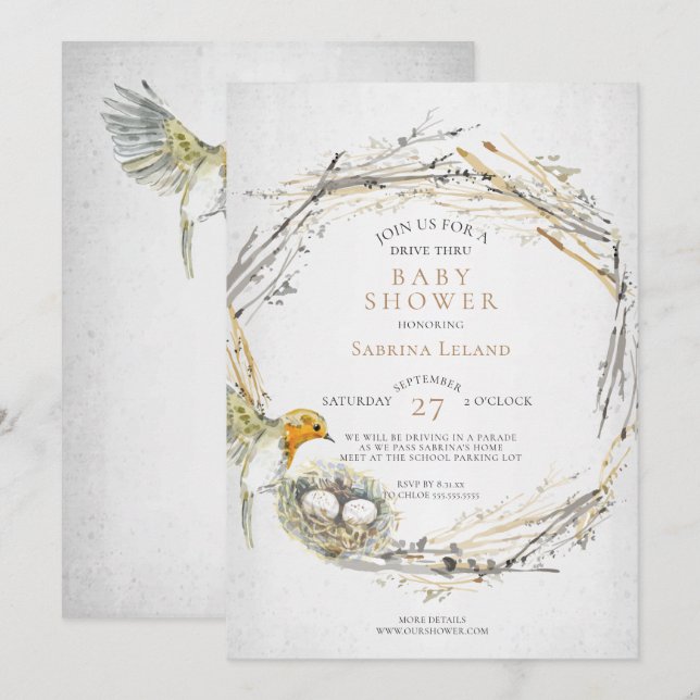 Rustic Bird and Nest Drive Thru Twins Baby Shower Invitation (Front/Back)