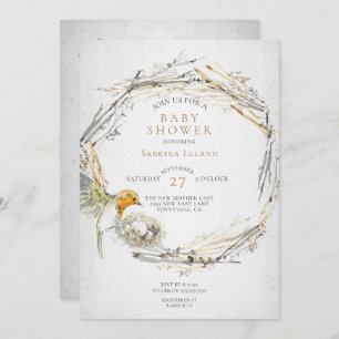 Rustic Bird and Nest Watercolor Baby Shower Invitation