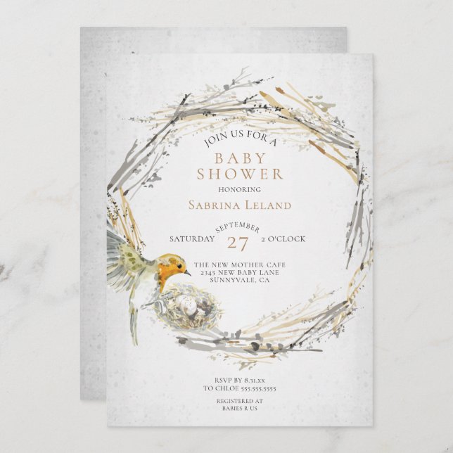 Rustic Bird and Nest Watercolor Baby Shower Invitation (Front/Back)