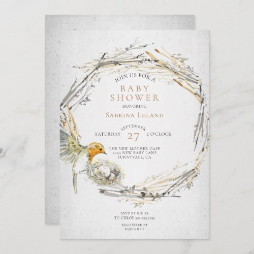 Rustic Bird and Nest Watercolor Baby Shower Invitation