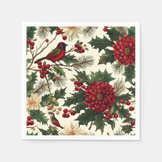 Rustic Bird and Poinsettia Christmas Pattern (10) Napkins (Front)