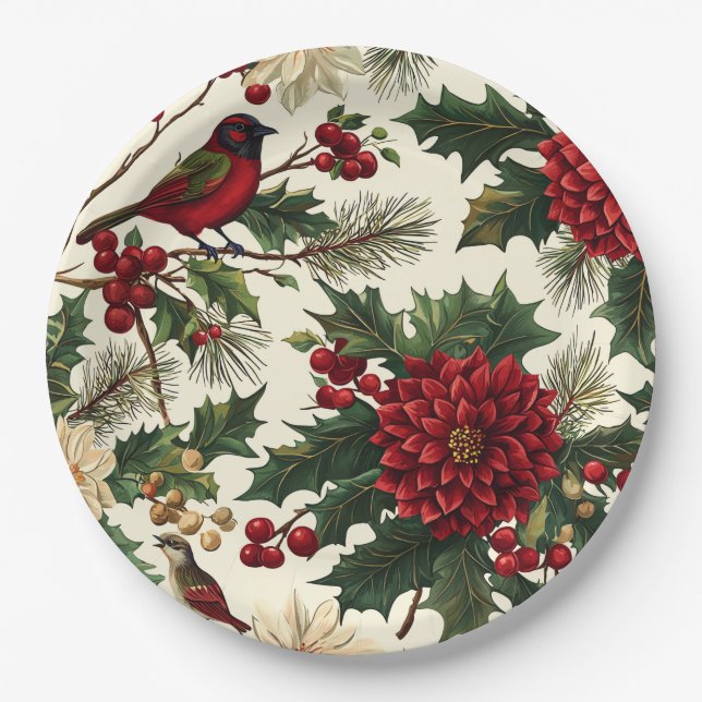 Rustic Bird and Poinsettia Christmas Pattern (10) Paper Plates (Front)